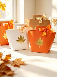 6pcs Fall Maple Leaf Paper Gift Boxes, Elegant Favor Boxes With Ribbon Handle, Mini Gift Packaging For Thanksgiving Table Favors, Wedding Guest Gifts, Party Souvenirs, Classroom Exchange, Boutique Packaging - 12.5X9.5X8cm - View 9