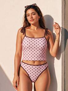 HOTTIE HABIT Damen süßes rosa & braunes Polka Dot Bikini Set mit Bindebändern, mittlere Taille hoch geschnitten zweiteiliger Badeanzug, süße Sommer Strandurlaub figurbetonte Badebekleidung - Verschiedenfarbig - Übersicht 2