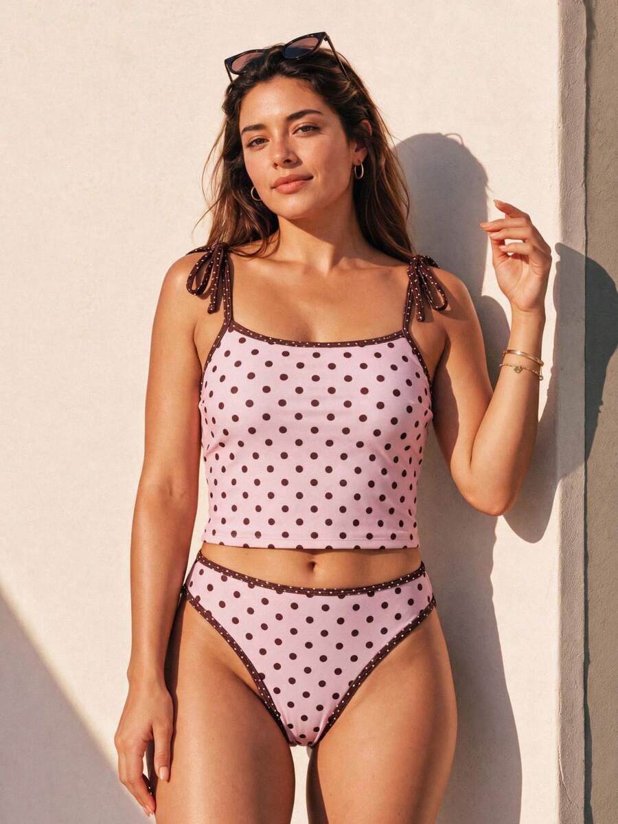 HOTTIE HABIT Damen süßes rosa & braunes Polka Dot Bikini Set mit Bindebändern, mittlere Taille hoch geschnitten zweiteiliger Badeanzug, süße Sommer Strandurlaub figurbetonte Badebekleidung