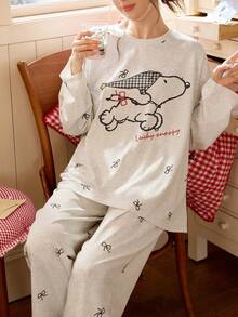 Gongdie 2pcs Snoopy Women's Pajama Set, Spring/Autumn Soft Cotton Loungewear In Grey Floral, With Cartoon Pattern And Bow Print - Light Grey - View 5
