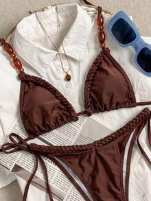 Bikinx طقم بيكيني نسائي بأسلوب بوهيمي أنيق برقبة معلقة وربطة، ملابس سباحة عالية المرونة للعطلات والشاطئ الصيفي باللون البني - بني - مشاهدة 4