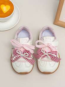 1 Pair Girls' Gentle Style Casual Shoes, Delicate Plaid Bow, Suitable For School Activities And Family Outings - Pink - View 3
