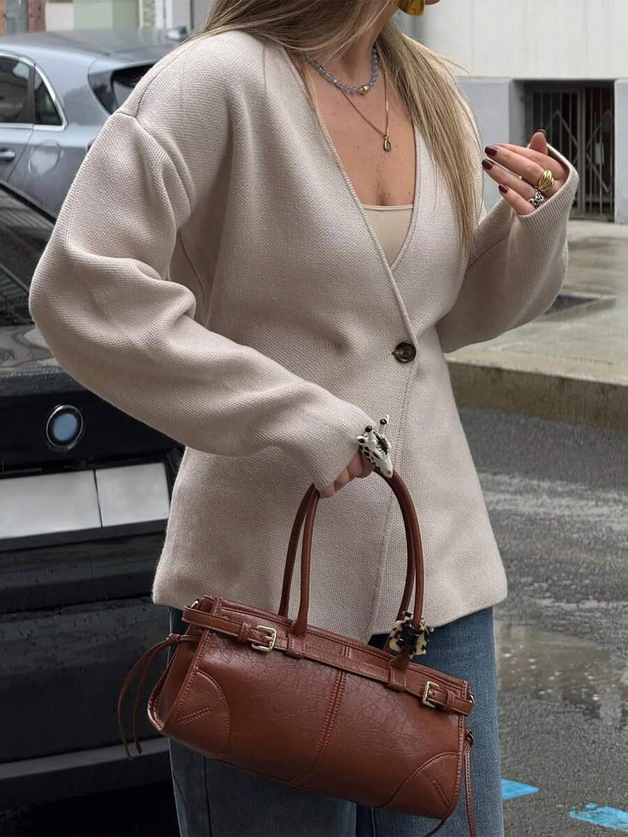 Live To Mo Women's V Neck Asymmetric Button Knit Cardigan, Minimalist Solid Color Long Sleeve Sweater,Casual For Fall Back To School & Business Wear - Oatmeal - View 1