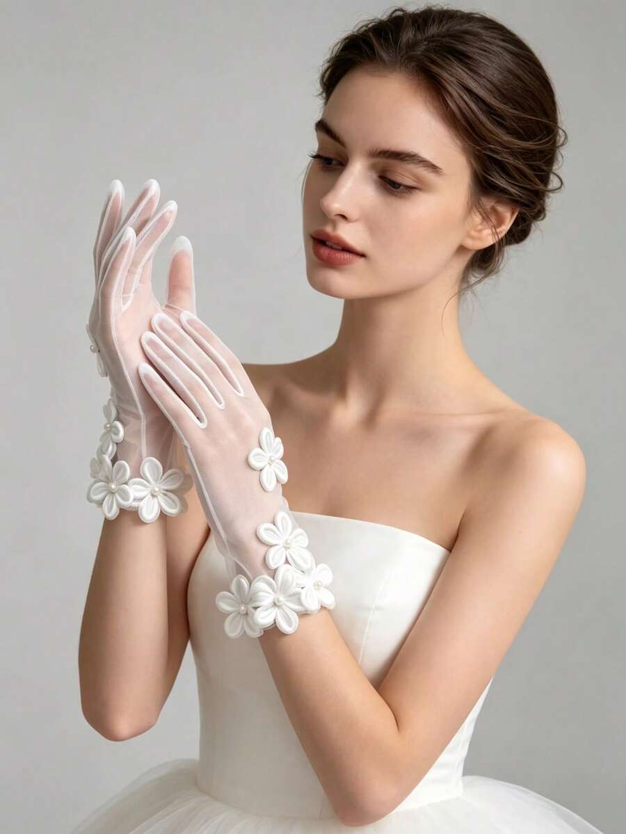Bridal Floral Decorated Tulle Wedding Gloves
