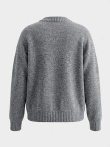 1pc Women's Gray Linen Round Neck Drop Shoulder Knit Sweater, Minimalist Style Top Suitable For Office, Weekend, Gathering - Grey - View 3