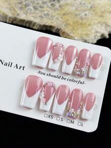 10pcs High-End Fashion Pure Erotic Style, Hand-Painted Three-Dimensional Engraved Patterns, Glittering Point Diamonds Handmade Fake Nails - Baby Pink - View 4