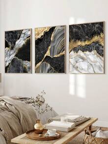 Juego de 1/3 piezas Pintura de arte de pared con textura de mármol abstracto de flujo de tinta beige y dorado, póster de decoración para sala de estar, sofá, oficina y hogar, entusiasta de la decoración del hogar minimalista moderna, material decorativo con marco opcional - Multicolor - Ver 6