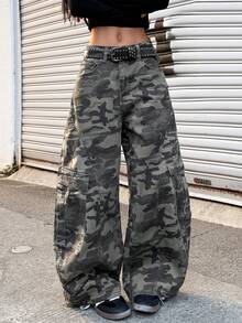 1pc Japanese Street Style Women's Multi-Pocket Curved Leg Loose Comfortable Wide Leg Jeans Long Pants (This Product Does Not Include Belt/Accessories) - Grey - View 4
