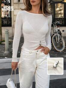 ROSIE POPHUB Women White Boat Neck Ribbed Knit Long Sleeve Top Metal Ring Twist Front Slim Fit Cropped Tee Elegant Daily Commute Autumn Winter - White - View 4