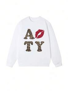 Women's Round Neck Sweatshirt, Autumn/Winter New Lips Pattern & Leopard Print Letter Graphic, Casual Versatile Loose Fit Top, Fashion Daily Wear - White - View 3