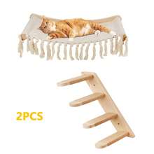 Wall-Mounted Cat Hammock And Cat Ladder Set, 2pcs Natural Wood Cat Wall Shelves With Tassels, Rope-Wrapped Cat Ladder For Playing, Climbing And Resting Cat Wall Furniture - Hammock and Ladder - View 11