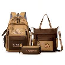 3pcs Cute Capybara Themed Backpack Set, Includes Tote Bag And Pencil Case, Durable Nylon Material, Multi-Pocket Design, Tablet Compartment, Suitable For Daily Commute And School - Multicolor - View 11