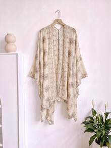 1件式優雅花卉刺繡開襟和服式圍巾/沙龍披肩女款，春夏波希米亞風外套，海灘度假防曬罩衫，裝飾性刺繡開襟衫，適合日常穿著，禮品首選 - 米色 - 查看 6