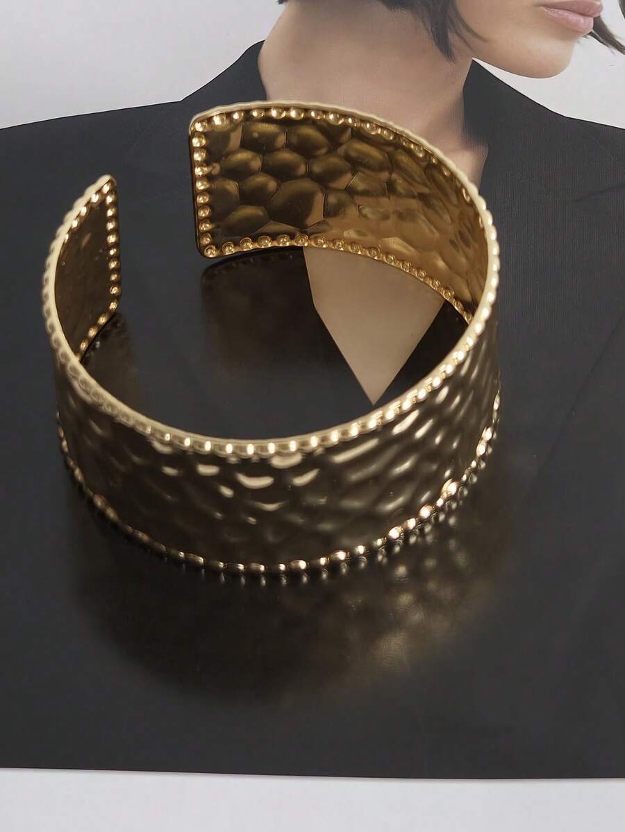 Artistic Starfish Heart Feather Leaf Flower Stripe Shape Exaggerated Thick Stackable Stainless Steel Open Adjustable Size Gold Bracelet Modern Sculpture High Street Fashion Cuff Clothing Accessory - Gold Bracelet - View 1