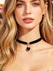 Heart Charm Choker - Black - View 1