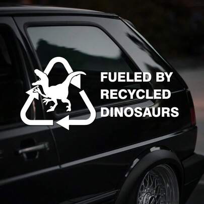 Stiker Decal Vinyl "Fueled By Dinosaur", Stiker Hobi Mobil, Stiker Jendela, Stiker Truk Buatan Khusus
