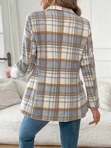 Women's Blue & Brown Plaid Blazer, Long Sleeve Single Button Loose Fit, Polyester Material, Suitable For Autumn Wear, Autumn/Winter Casual Jacket, Autumn/Winter Overcoat - Blue Grid - View 5