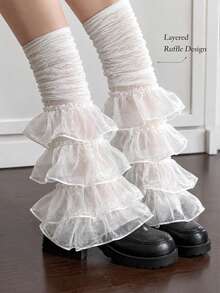 Ruffled Tulle Leg Warmers Sheer Tiered Mesh Sock Covers, Ruched Sheer Frilly Leg Sleeves, Multi Layer Flounce Fairy Lolita Leg Warmers, White See Through Ruffle Leg Cuffs For Girls Daily Outfit Cosplay Party - Multicolor - View 5