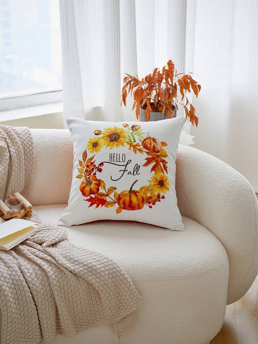 1件感恩節花環南瓜刺繡枕套，Hello Fall 感恩節枕套，適合室內裝飾，感恩節裝飾，四季通用枕套，不含枕芯