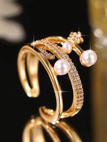 jealous young 2pcs/1pc Luxury Multi-Layer Women Ring Set, Fashion Heart & Moon Star Pearl Inlaid Cubic Zirconia Jewelry For Daily Wear, Date, Travel, Wedding, Party - Gold - View 10