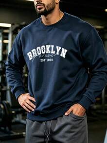 Men's Spring/Autumn Long Sleeve Sweatshirt, Simple Brooklyn Graphic Print, Suitable For Outings, Friends, Gym Outfit, Men's Sweatshirt - Navy Blue - View 1