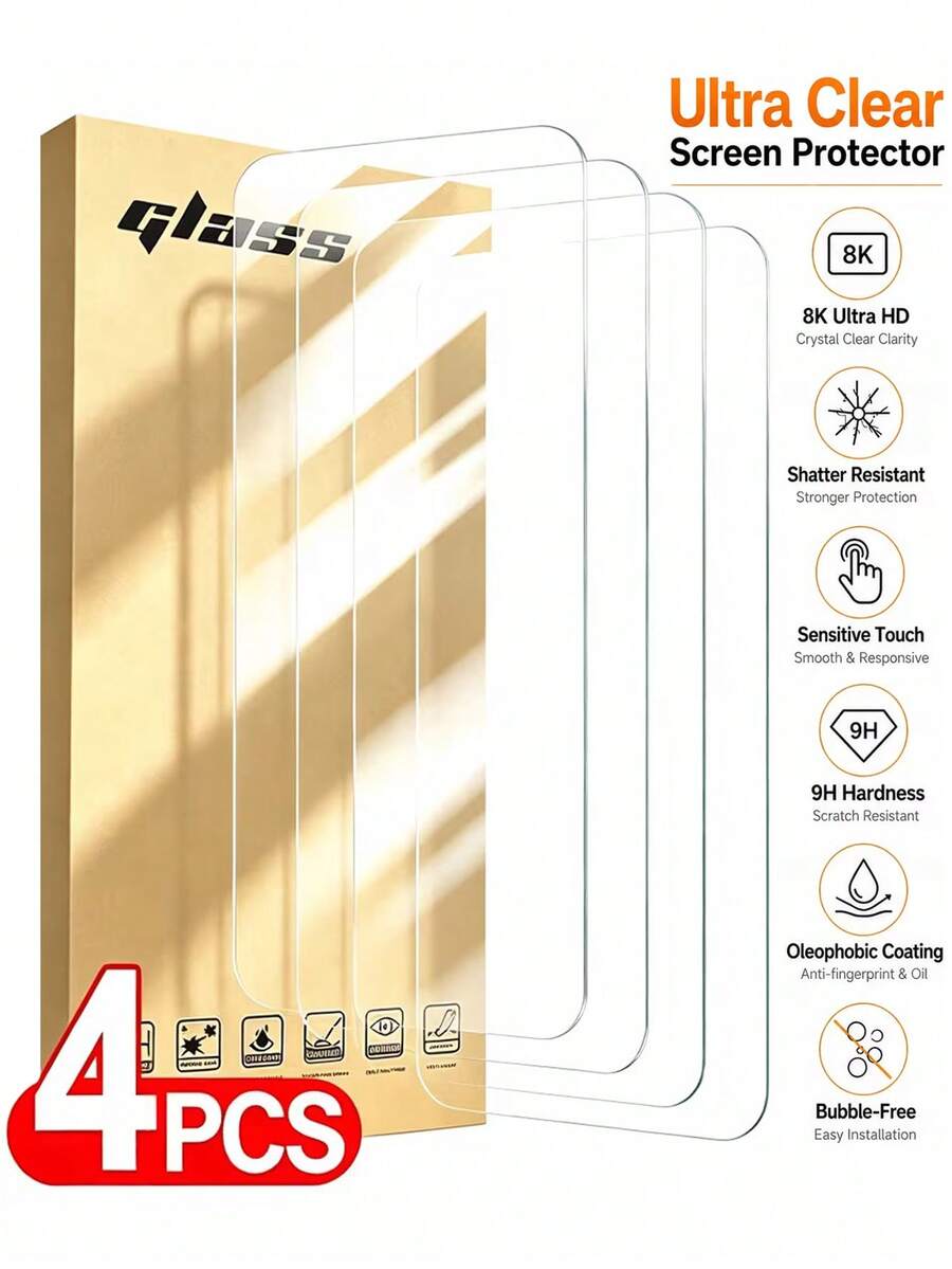 4pcs HD Tempered Glass Screen Protector, 9H High Hardness, High Definition Transparent, Anti-Collision Anti-Fingerprint, Compatible With Phone Cases, Compatible With Iphone 18 Pro Max/18 Pro/17 Pro Max / 17 Air / 17 Pro / 17 / 16 Pro Max / 16 Pro / 16 / 16e / 15 Pro Max / 15 Pro / 15 / 14 Pro Max / 14 Pro / 14 / 13 Pro Max / 13 Pro / 13 / 12 Pro Max / 12 Pro / 12 / 11 Pro Max / 11 Pro / 11 - Clear - View 1