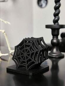 4/2/1pc Halloween Spider Web Wooden Coasters, Eerie Spider Web Hollow Design, Creative Desktop Decor, Gothic Style Personalized Heat-Insulating Pads, Suitable For Parties, Weddings, Birthdays, Halloween Decorations And Holiday Party Table Settings - View 3