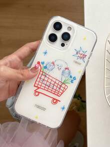 1 Buah Casing Ponsel Bergambar Keranjang Belanja Lucu, Anak Anjing Keriting, dan Bunga Tulip yang Dilukis Tangan, Kompatibel dengan Apple 11/12/13/14/15/16/17 Pro Max - Putih - View 1