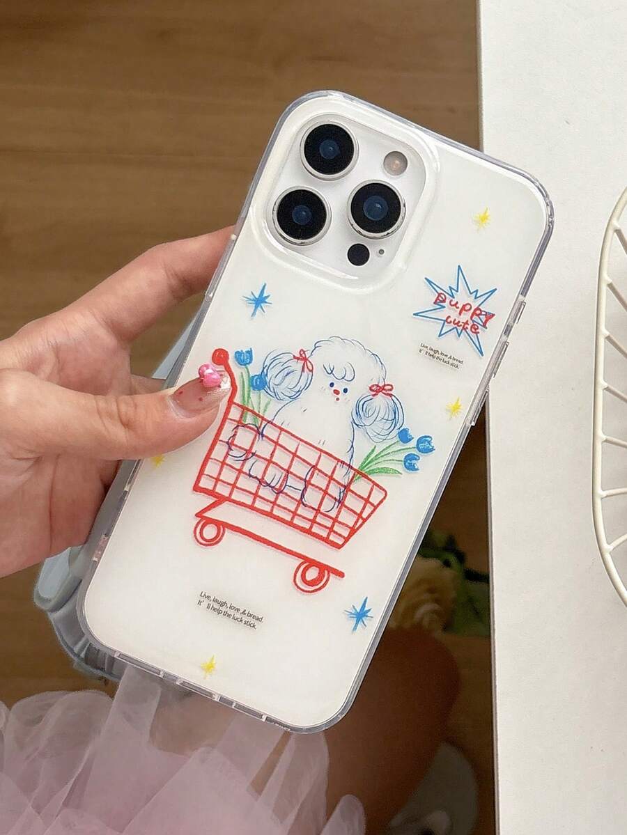 1 Buah Casing Ponsel Bergambar Keranjang Belanja Lucu, Anak Anjing Keriting, dan Bunga Tulip yang Dilukis Tangan, Kompatibel dengan Apple 11/12/13/14/15/16/17 Pro Max - Putih - View 1
