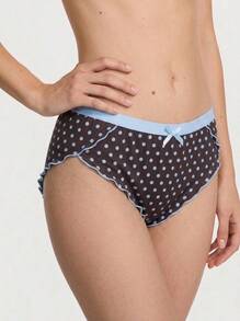 Aesletic Celana Dalam Segitiga Wanita Nyaman Motif Polkadot Cokelat & Biru Vintage dengan Hiasan Pita & Rumbai yang Manis - Biru - View 1