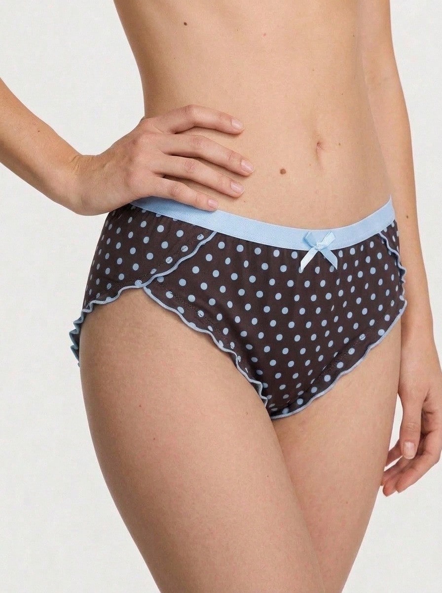 Aesletic Celana Dalam Segitiga Wanita Nyaman Motif Polkadot Cokelat & Biru Vintage dengan Hiasan Pita & Rumbai yang Manis - Biru - View 1