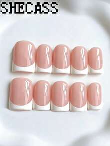 Shecass 10pcs High-Quality Square Handmade Nail Patches Black French Nude Wearable Nails Short Nails Y2K Style Summer Daily Wear Graduation Travel Vacation Gift Suitable For Parties, Music Festivals, Back To School Season - Multicolor - View 1