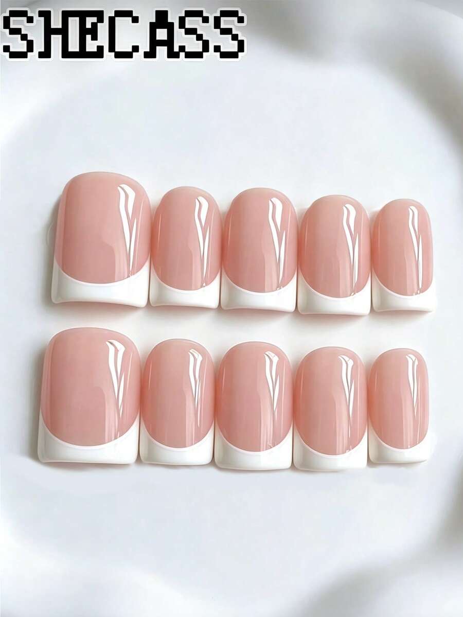 Shecass 10pcs High-Quality Square Handmade Nail Patches Black French Nude Wearable Nails Short Nails Y2K Style Summer Daily Wear Graduation Travel Vacation Gift Suitable For Parties, Music Festivals, Back To School Season - Multicolor - View 1