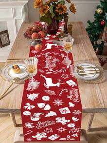 1pc Red Christmas Polyester Table Runner,White Snowman Reindeer Print Tablecloth,Rectangle Table Cloth For Winter Family Gathering Dinner Party Decor - Multicolor - View 5