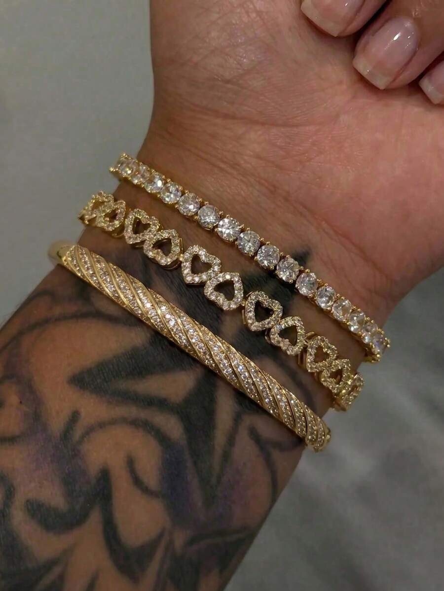 3pcs Luxury Fashion Geometric Heart Zirconia Bracelet Set, Adjustable For Women, Elegant Style, Perfect Gift (Slight Color Difference Between Bracelets, Random Number Of Rhinestones) - Gold - View 1