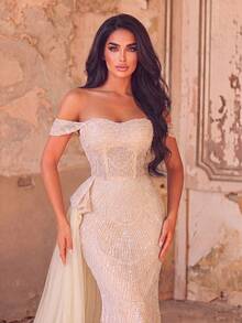 Elasola Charming Off-Shoulder Mesh Train Evening Gown For Women, Lace-Up Back Wedding Party Fall - Apricot - View 4