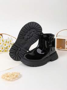 Tween Kid Glossy Bow Ankle Boots Side Zipper Fleece Lined Non Slip Thick Sole Winter Boots For Kids Warm Footwear - Black - View 3