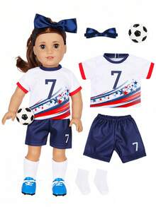 5pcs 16-18in Children Doll Clothes, Soccer Theme Doll Outfit Set, Star Stripe Print Short Sleeve Jersey + Navy Blue Shorts, Matching White Socks, Navy Blue Bow Tie, Mini Soccer Toy, Breathable Sports Style Doll Clothes, Children Role Play Dress Up Gift, Gift For Kids, Doll Not Included - Multicolor - View 1