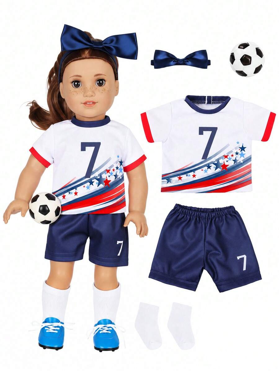 5pcs 16-18in Children Doll Clothes, Soccer Theme Doll Outfit Set, Star Stripe Print Short Sleeve Jersey + Navy Blue Shorts, Matching White Socks, Navy Blue Bow Tie, Mini Soccer Toy, Breathable Sports Style Doll Clothes, Children Role Play Dress Up Gift, Gift For Kids, Doll Not Included - Multicolor - View 1