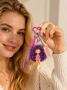 Curly Fluffy Girl Silicone Keychain, Cute Plush Doll Bag Pendant Car Key Charm, Mother's Day, Christmas, Graduation Gift For Friends And Family - Multicolor - View 2