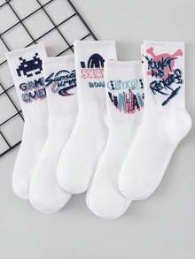 1/5 Pairs Random Men's White Graffiti Letter Mid-Calf Socks, Cool Multi-Slogan Print Breathable Skateboard Socks For Men And Women - Multicolor - View 2