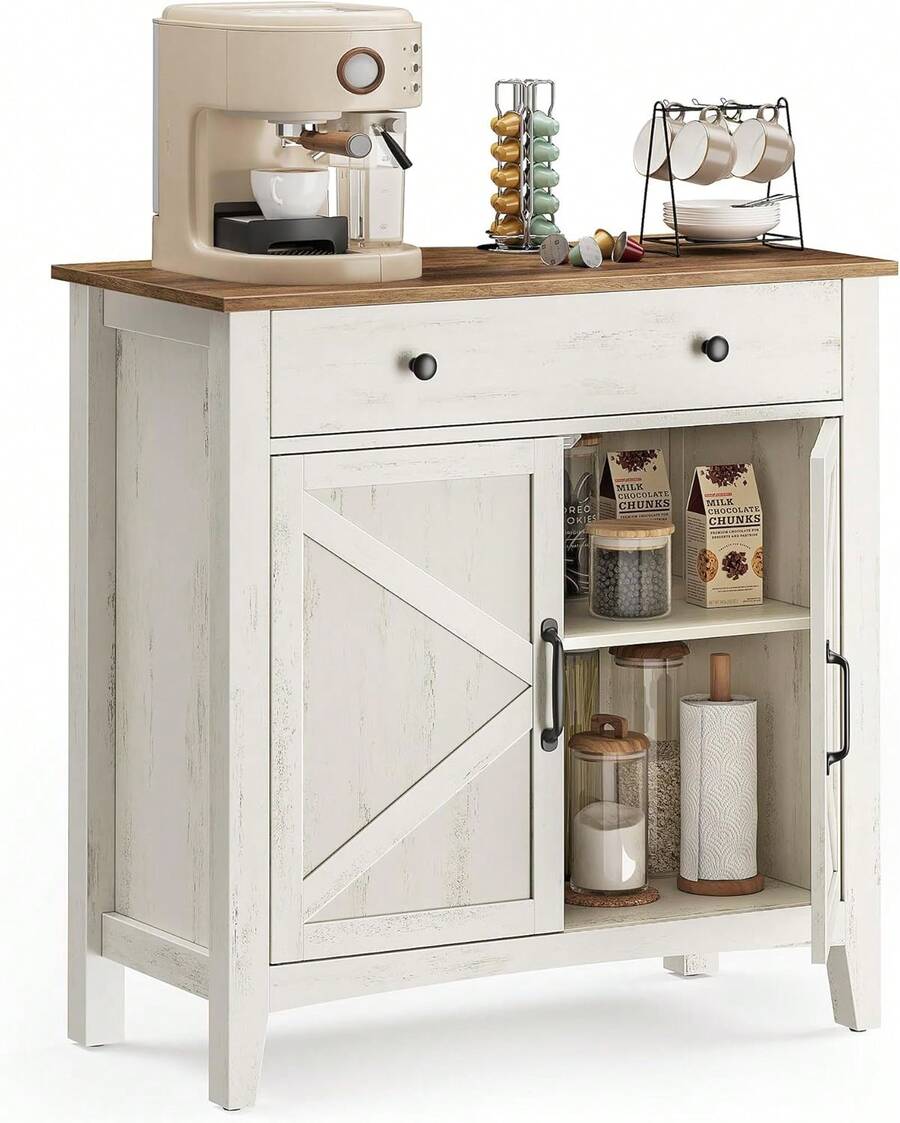 Rustic White & Honey Brown Farmhouse Sideboard Buffet Storage Cabinet Built-In Single Drawer With Detachable Drawer Divider, Freely Adjustable Inner Shelf & Reserved Cable Hole Multi-Purpose Coffee Bar Station For Kitchen Dining Room Entryway Home Be - Rustic White and Honey Brown - View 1