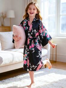 Young Girl Black Print Mid-Sleeve Long Robe - Multicolor - View 5