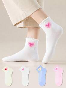 ZUJO 4 Pairs Women's Candy Color Short Socks, Heart Pattern, Suitable For Daily Wear, All Season, Simple And Comfortable, Random Colors - Multicolor - View 4