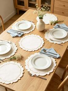 1-4pcs Gold Trim Double Layer Petal Embroidered Placemats, Korean Cream Style Fabric Round Wavy Edge Heat-Insulating Table Mats, Wedding Spring Afternoon Tea Table Decor - Multicolor - View 1