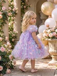 Baby Girls Colorful 3D Butterfly Tutu Dress, Cute Flower Girl Party Dress, Random Fabric Pattern, Headband Not Included - Purple - View 2