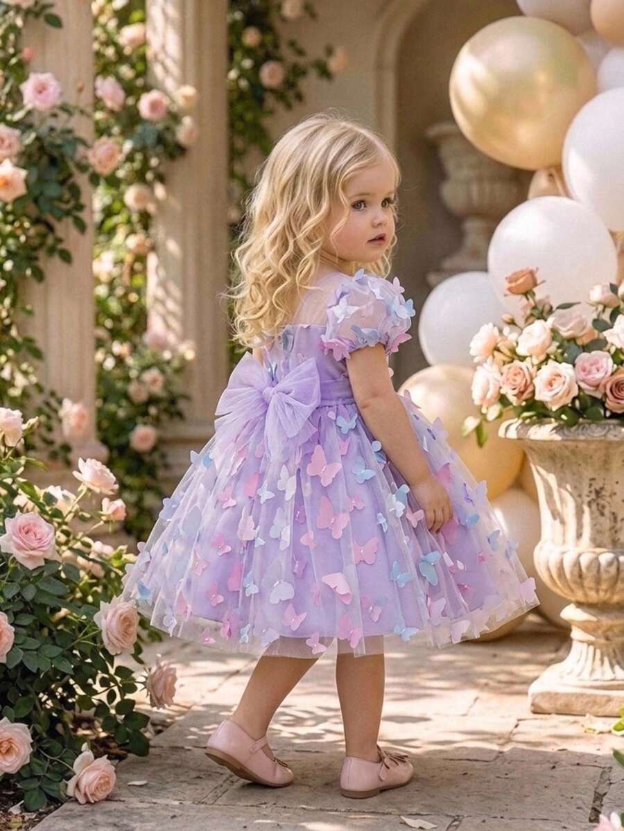 Baby Girls Colorful 3D Butterfly Tutu Dress, Cute Flower Girl Party Dress, Random Fabric Pattern, Headband Not Included - Purple - View 1