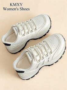 1 Pair Women's Thick Sole Athletic Shoes Lace-Up Patchwork Design Daily Walking Shoes - Black and White - View 6