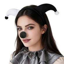 2pcs Funny Costume Headpiece & Nose Accessory Set, Black & White Clown Headband With Pointed Horns And Foam Nose, Suitable For Party, Halloween, Masquerade - Multicolor - View 7