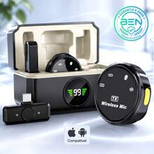 Kit 2 Em 1 Microfone Profissional De Lapela Duplo Sem Fio Compatível Com Smartphone Celular Usb Android Type-C iOS Lightning Bluetooth Tipo C Case Estojo Digital De Carregamento Magnético Com Ímã Para Gravação De Vídeo Áudio Entrevista Vlog Ensino Gravar Videomicrofone - Visão 2